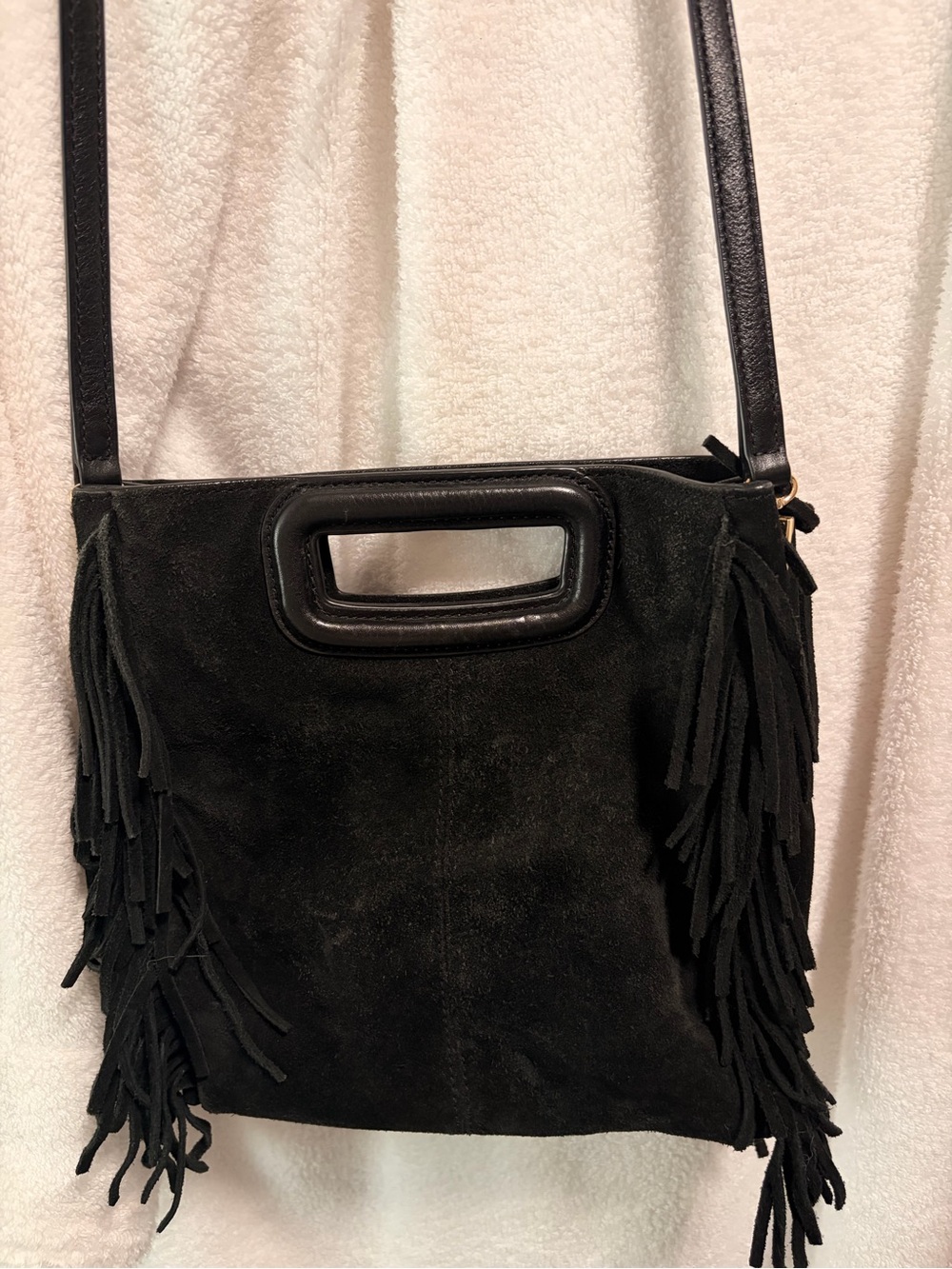 Maje Black Suede Fringe Crossbody with Cutout Handle - Picture 5 of 5